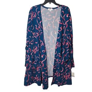 LuLaRoe XL Navy and Pink Heart Swirls Pocketed Long Cardigan Romantic Valentines